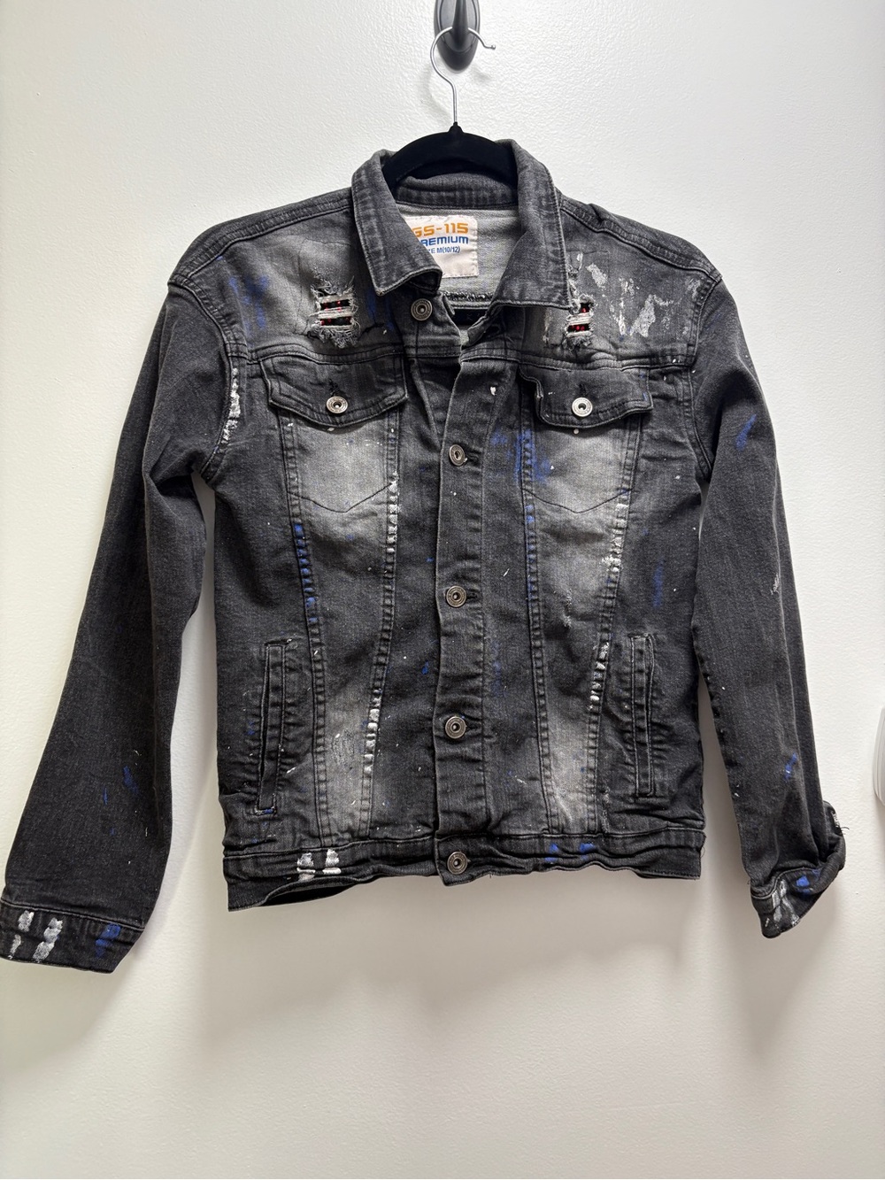 GS115 Kids Black Distressed Denim Jacket with Paint-Splash Detail